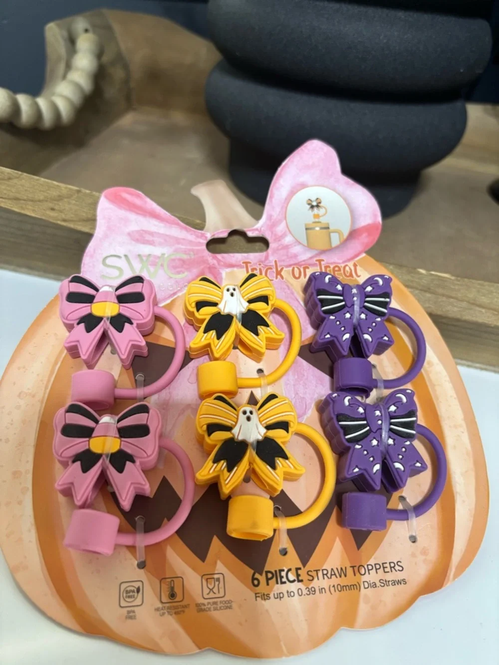 Halloween Bow Straw Toppers - Pink, Yellow, Purple 6pcs